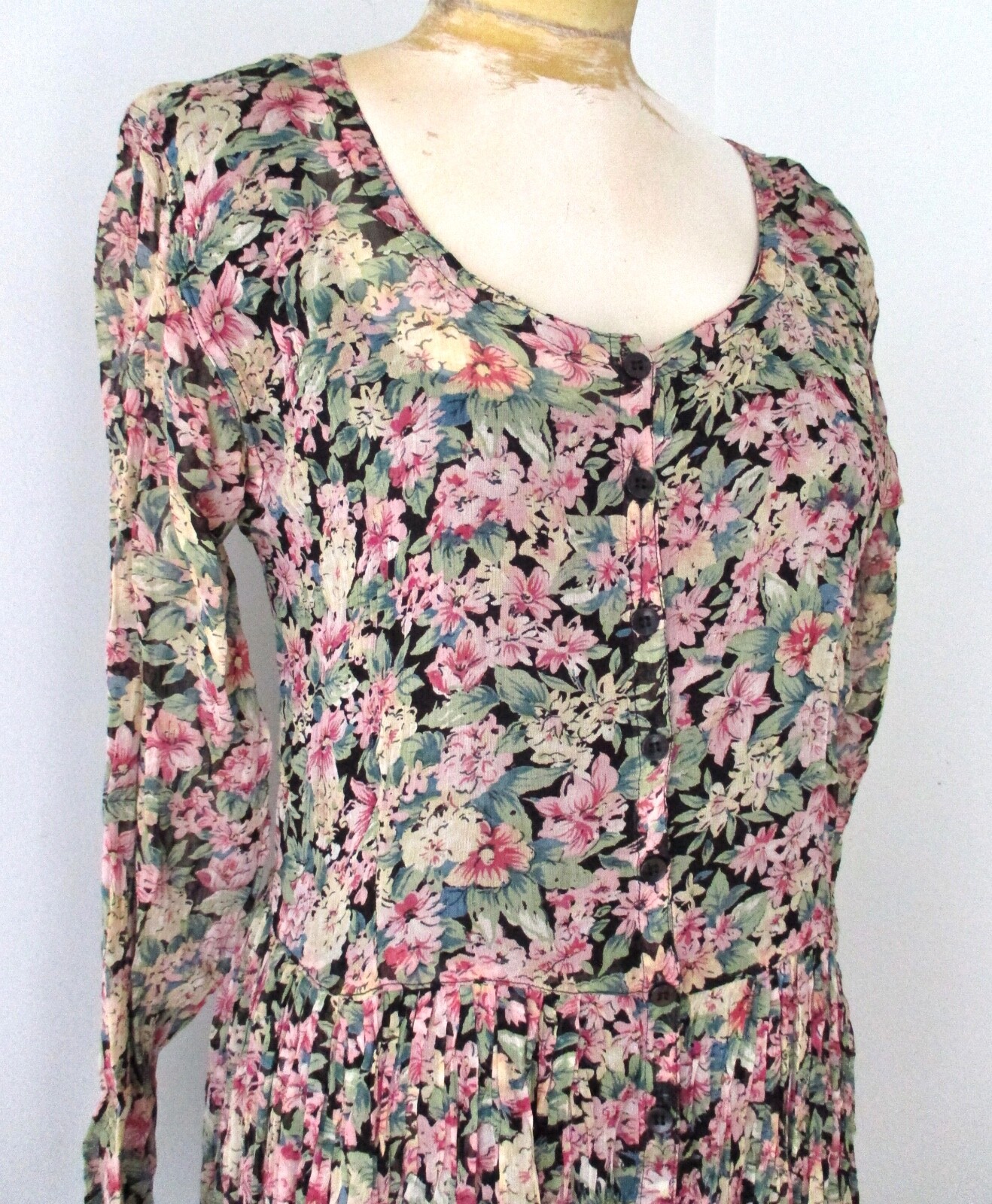 Vtg 80s black pink rayon floral garden party tea dress full skirt tank lining S