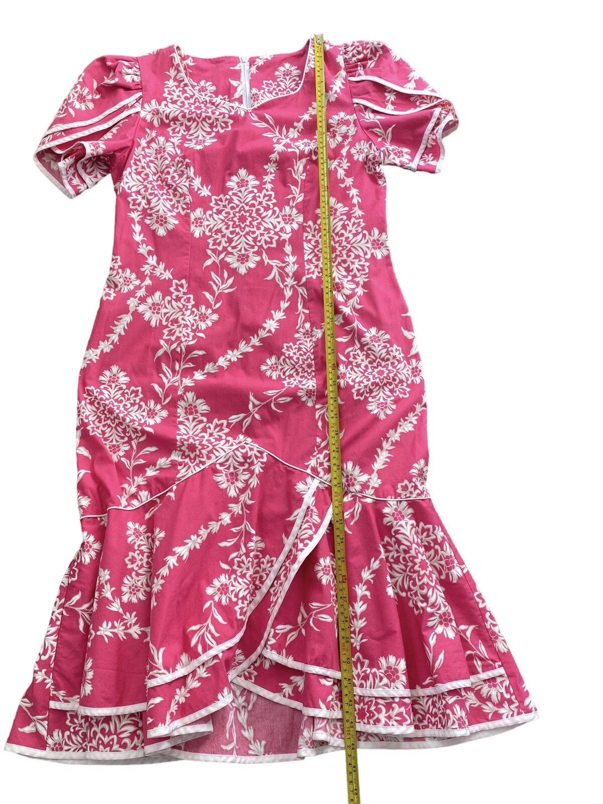 Vintage Shannon Marie Pink Floral Hawaiian Dress Talon Coquette Ruffles 80s Med