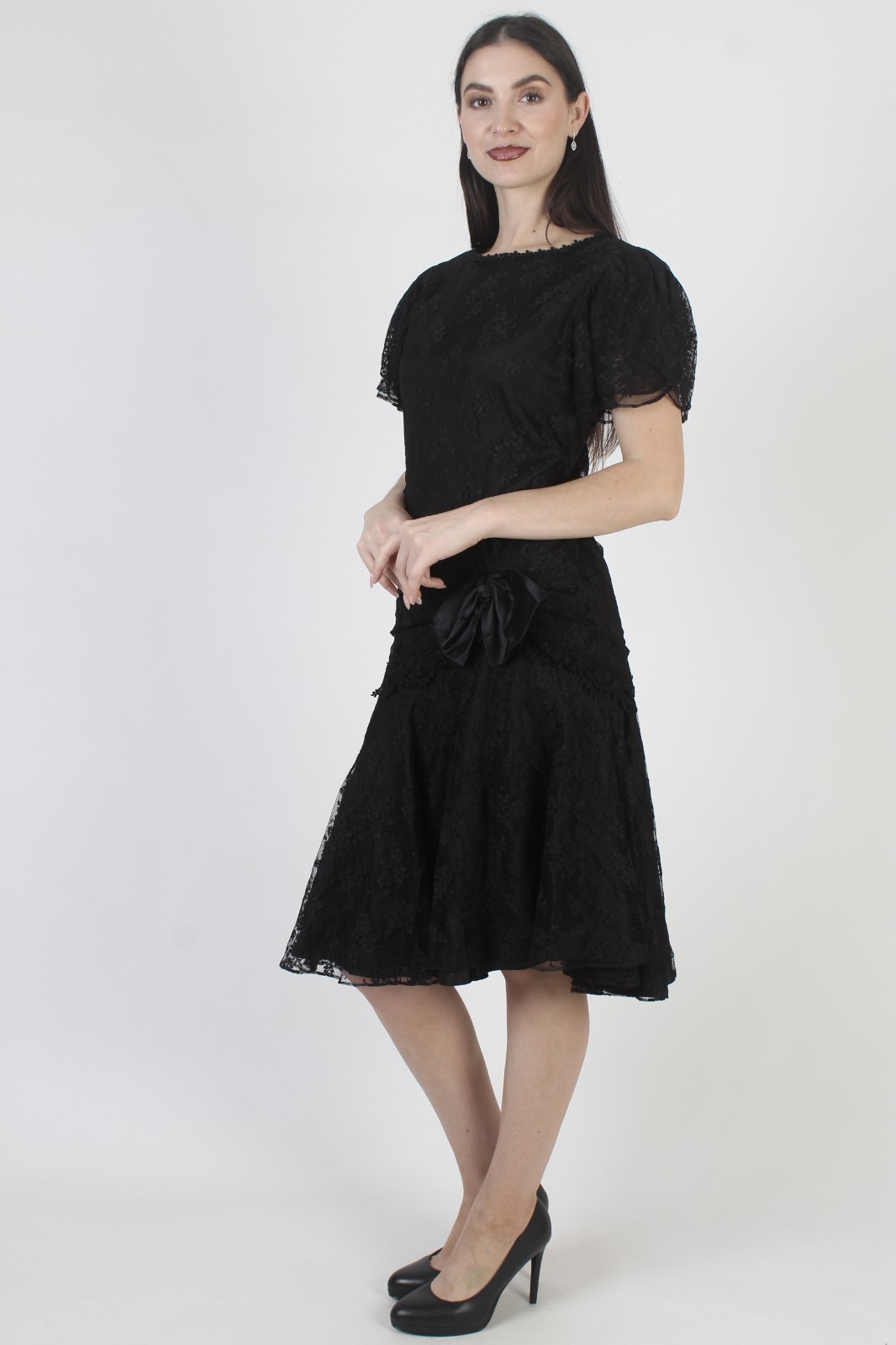 Vtg 80s Barbara Chodos Deco Dress Michael Marcelle Goth Lace Flapper Gown 8