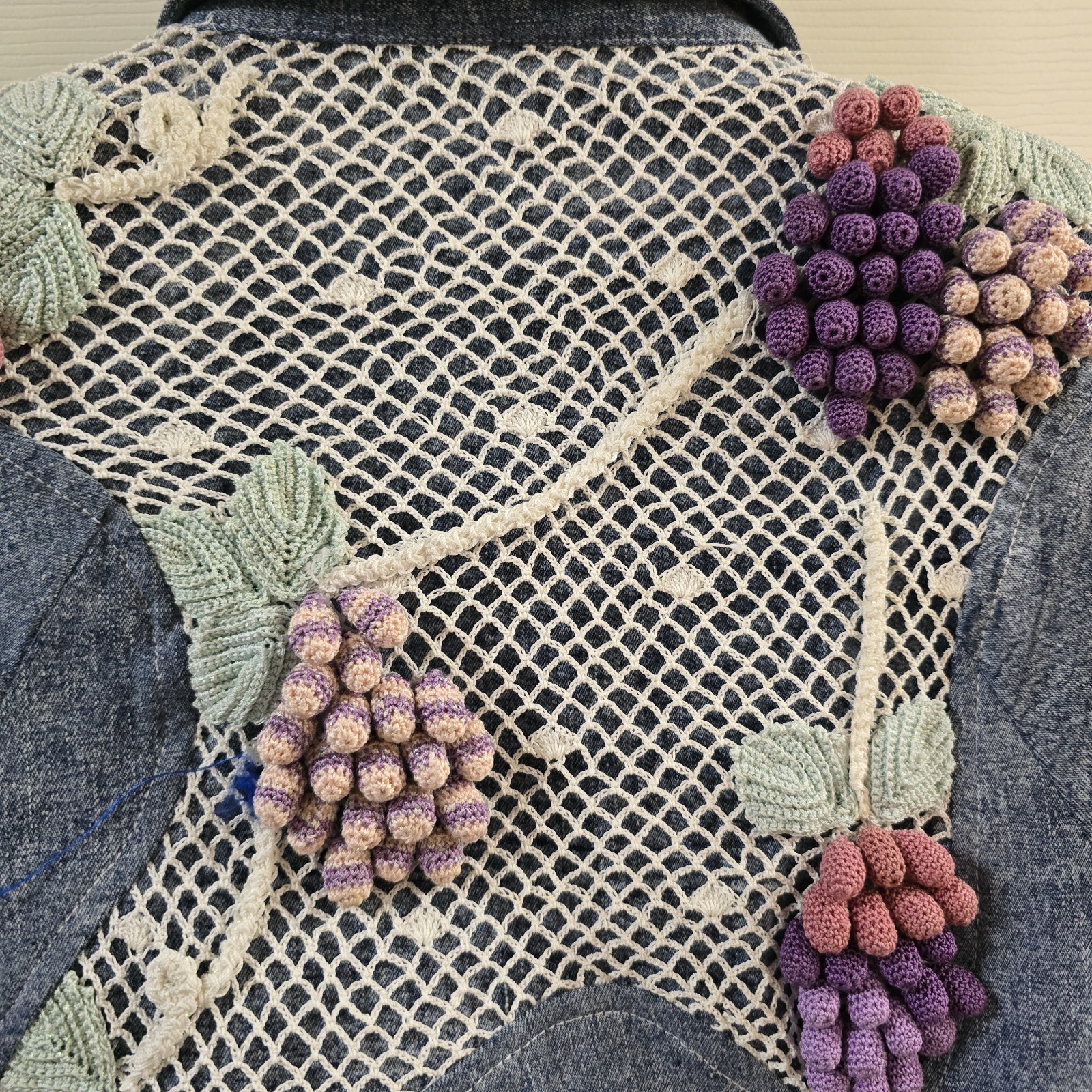 Vintage Lim’s 3 Piece Denim Grape Appliqué Set USA Made Size Large Grandmacore