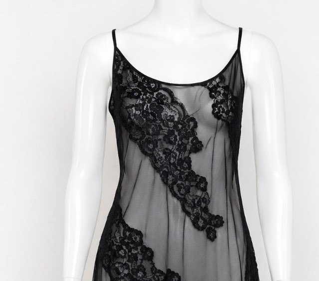 Vtg Frederick’s of Hollywood Striped Black Mesh Slip Dress