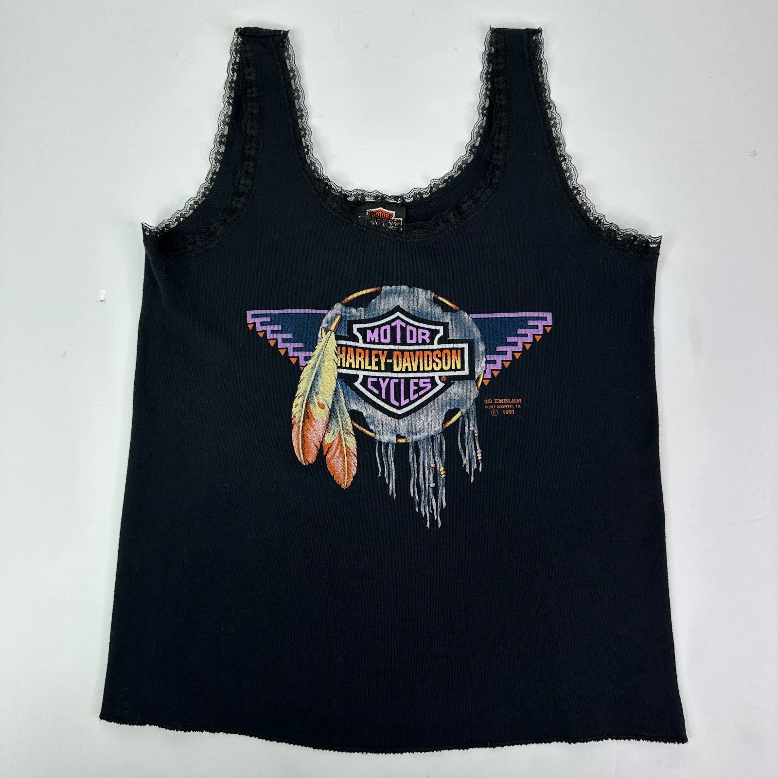 Vintage Harley-Davidson 3D Emblem Dreamcatcher Lace Tank Top Womens Large 90s