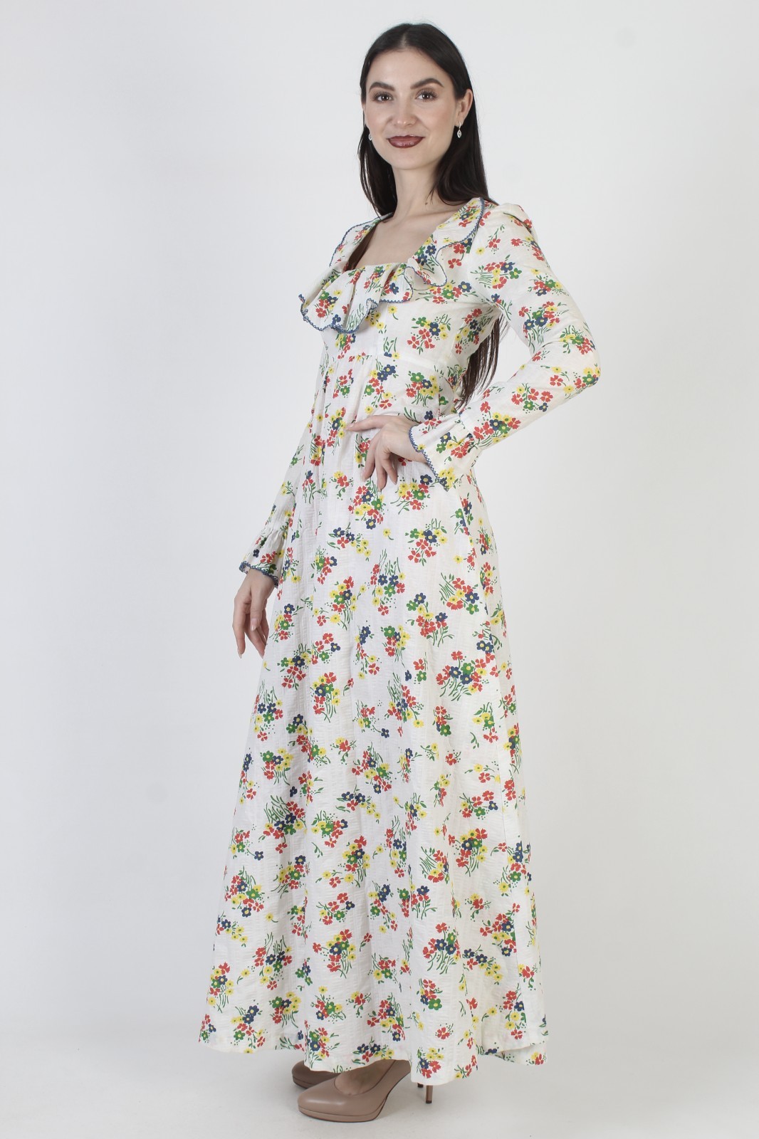 Vtg White Floral Prairie Dress 70s High waist Cottagecore Boho Peasant Gown