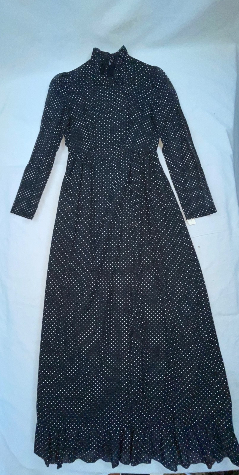 VTG 60S 70S DOES 40S WOMENS S BLACK POLKA DOT LONG HOUSE WORK DRESS