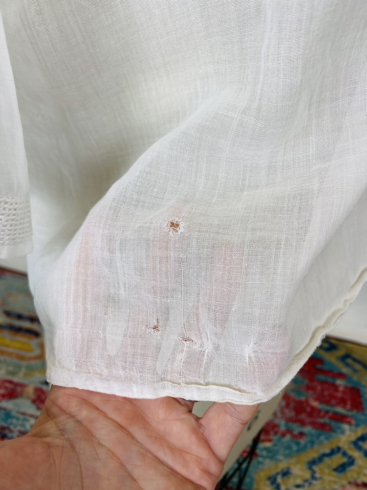Antique Edwardian white cotton blouse with crochet lace and embroidery as is