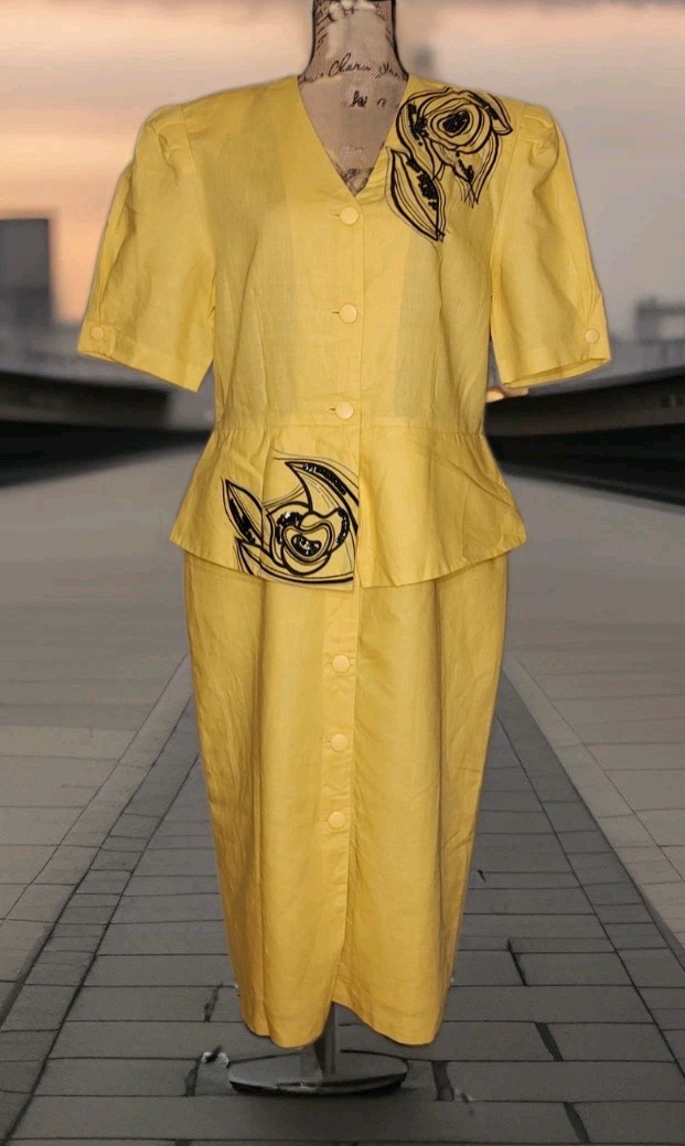 Vintage Mijoli – Bold Yellow Peplum Embellished Jacket Dress – Women’s Size 16