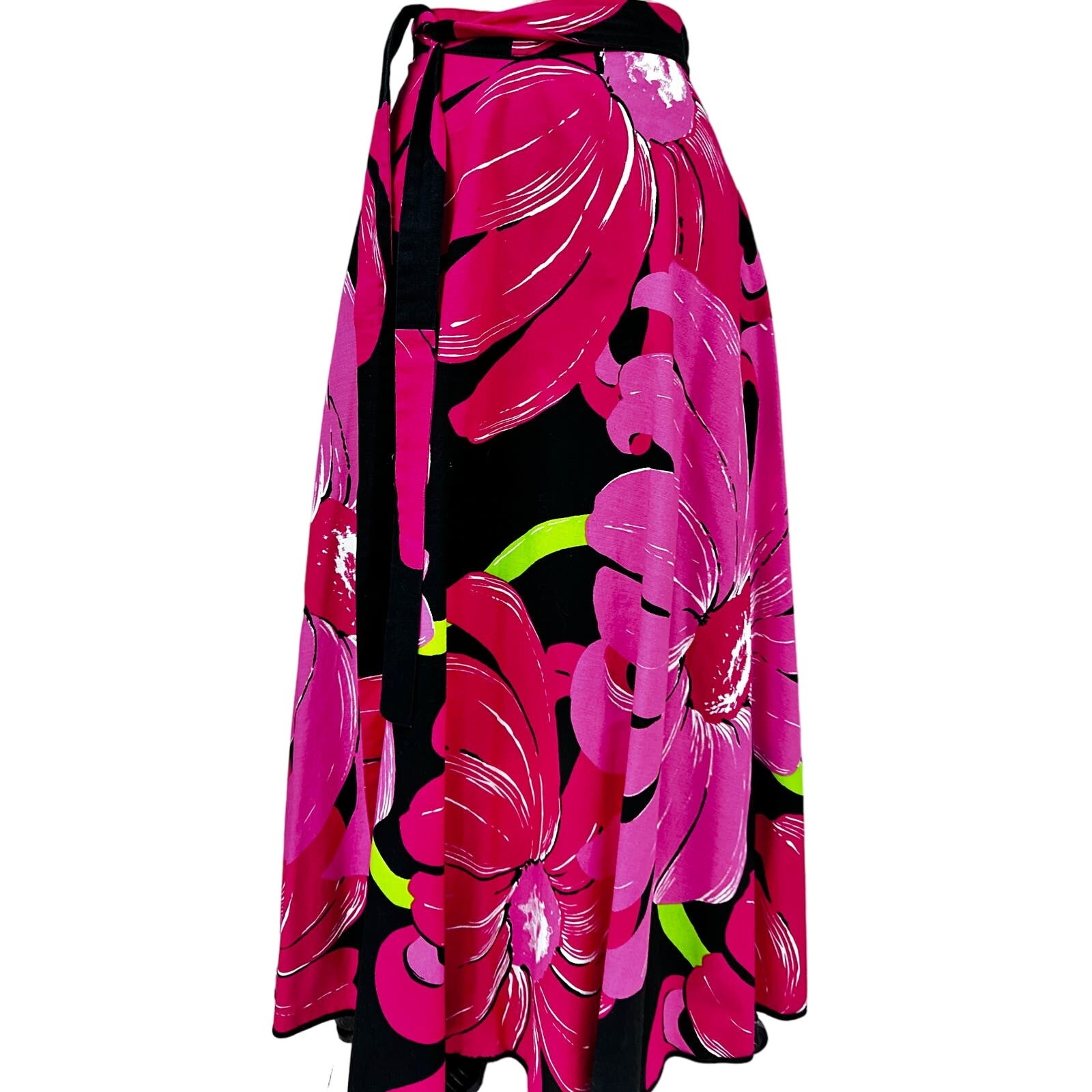 VTG 70s Hot Pink Black Floral Wrap Maxi Skirt Boho Hippie O/S Cotton