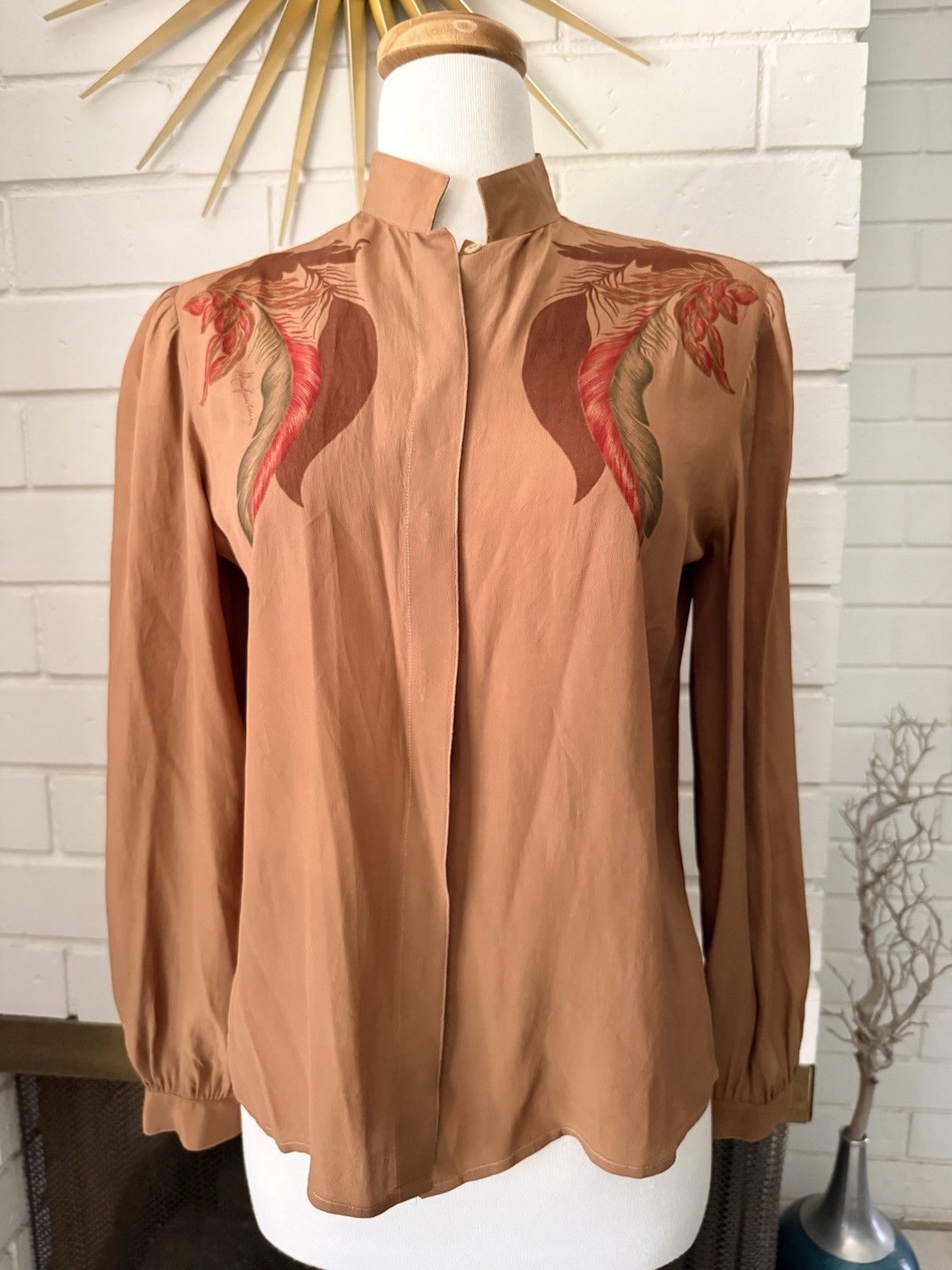 Vtg Mario Pucci Cecconi Italy Blouse Feathers Long Sleeve Brown Button Top Shirt
