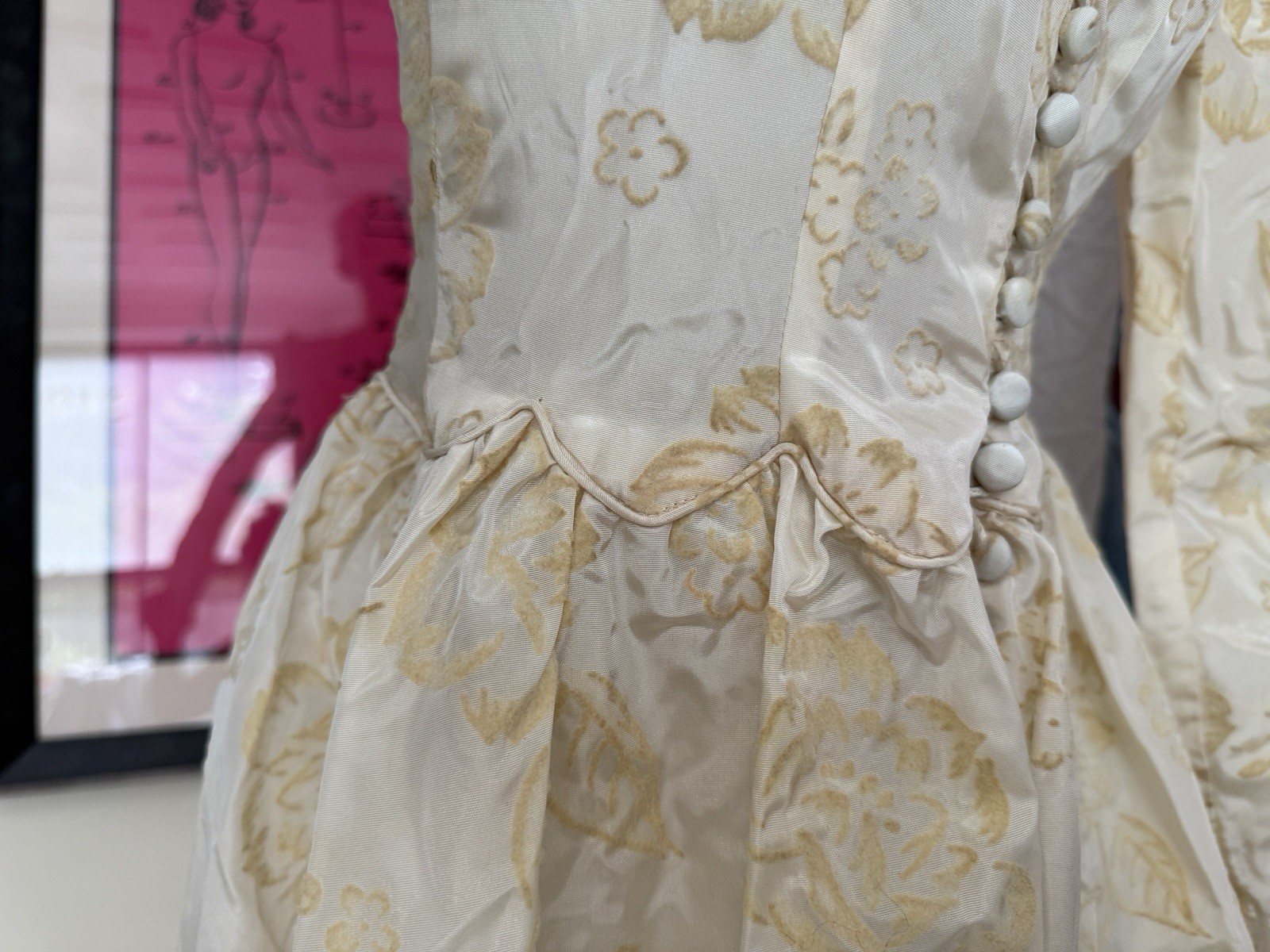 Vintage 1930s wedding gown puff sleeve flocked floral ivory dress-antique bridal