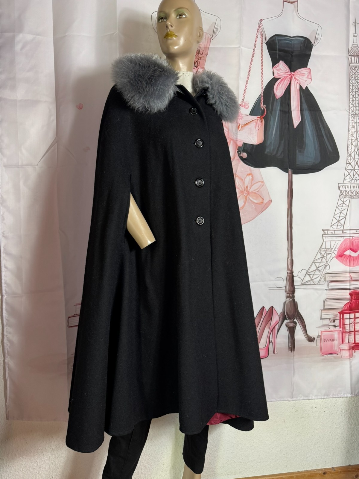 ✨ Vintage Couture Cape 60s Black Wool Cape Real Fur Collar Old Money XL