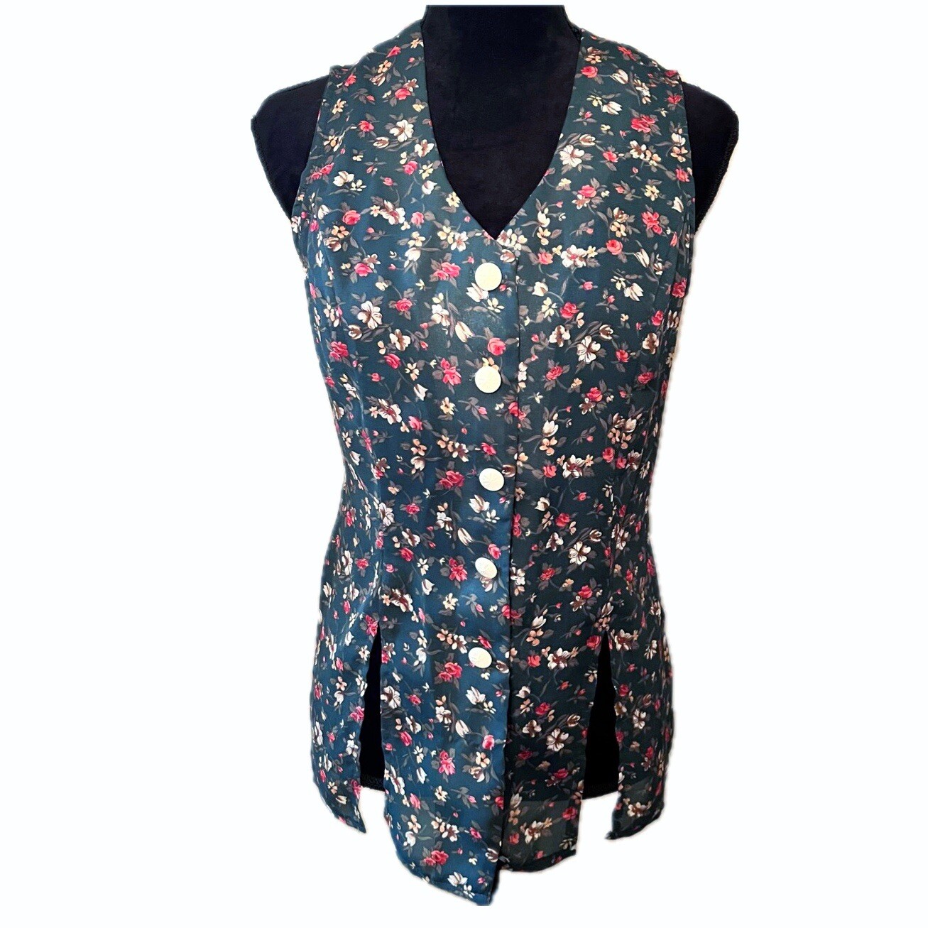 Vtg KNAPP STUDIO 90’s Sleeveless Button Down Blouse Hunter Green Floral Sz 7 Y2K