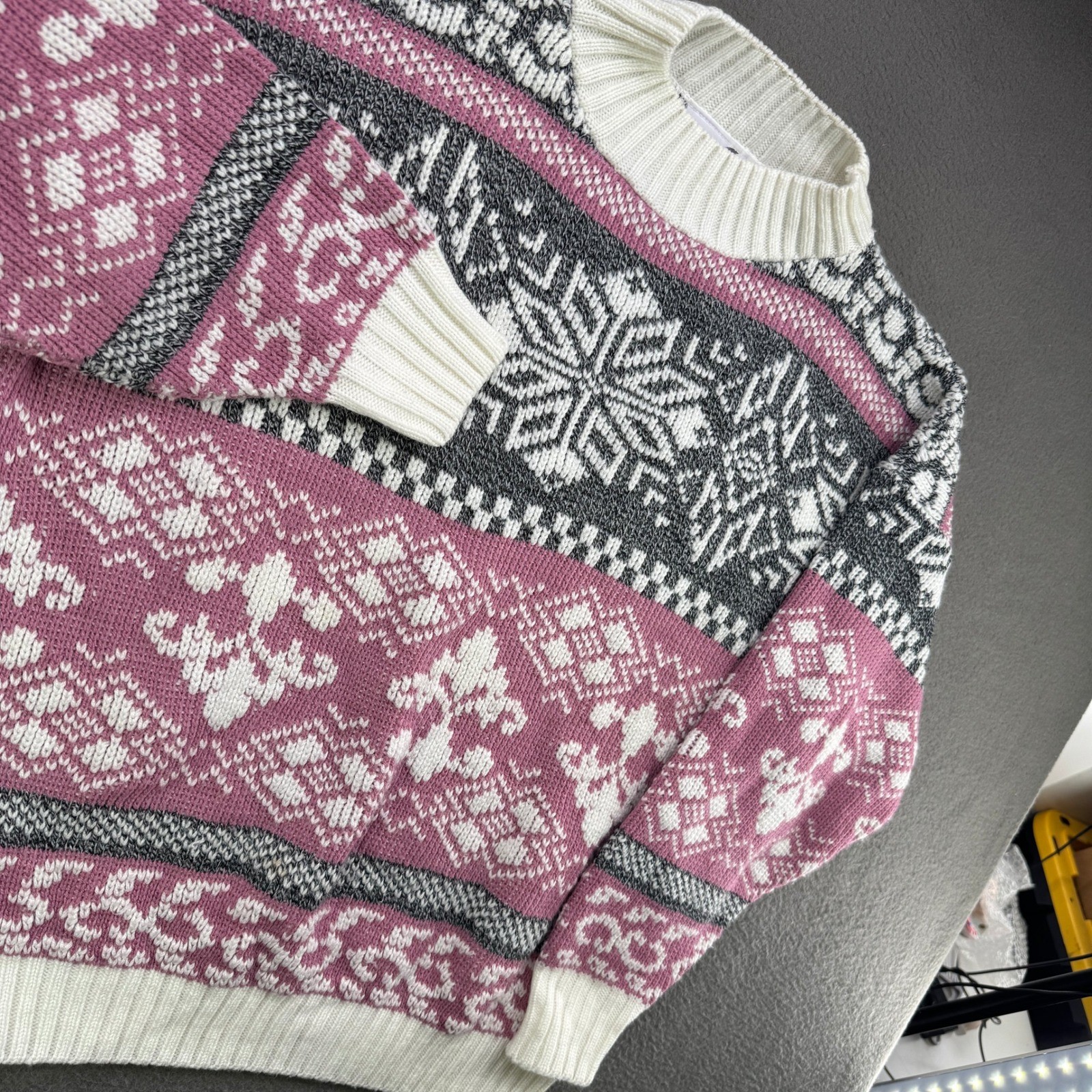 Vintage Cut 4 U Nordic Snowflake Fair Isle Knit Sweater Women XL Pink Mock Neck