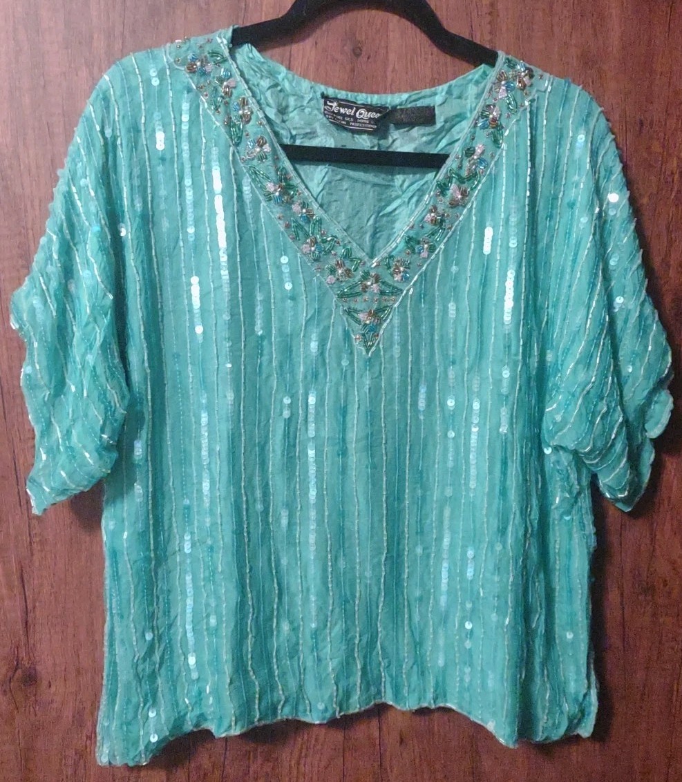 Sea Foam/Aqua Vintage 80’s Silk Sequin & Floral Beaded Summer Women’s Top Medium