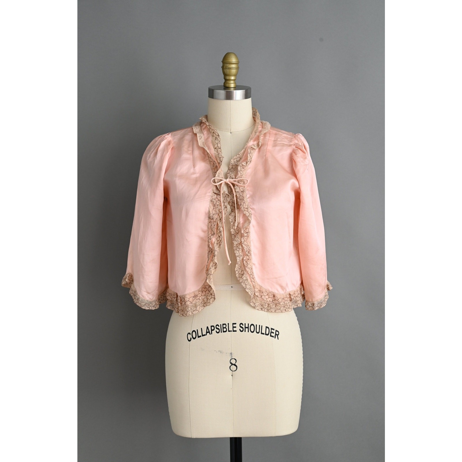 Vintage 1940s Lingerie Bed Jacket | Pink Silk Satin Lace Caplet | Small Medium