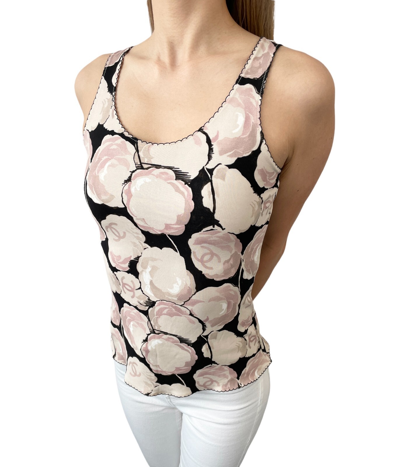 CHANEL Vintage 04A CC Camellia Logo Tank Top #38 Black Beige Pink Rayon