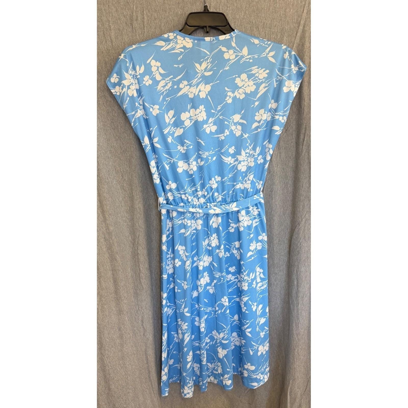 Vintage Haband For Her Midi Dress Blue White Floral Cottagecore Belted Large