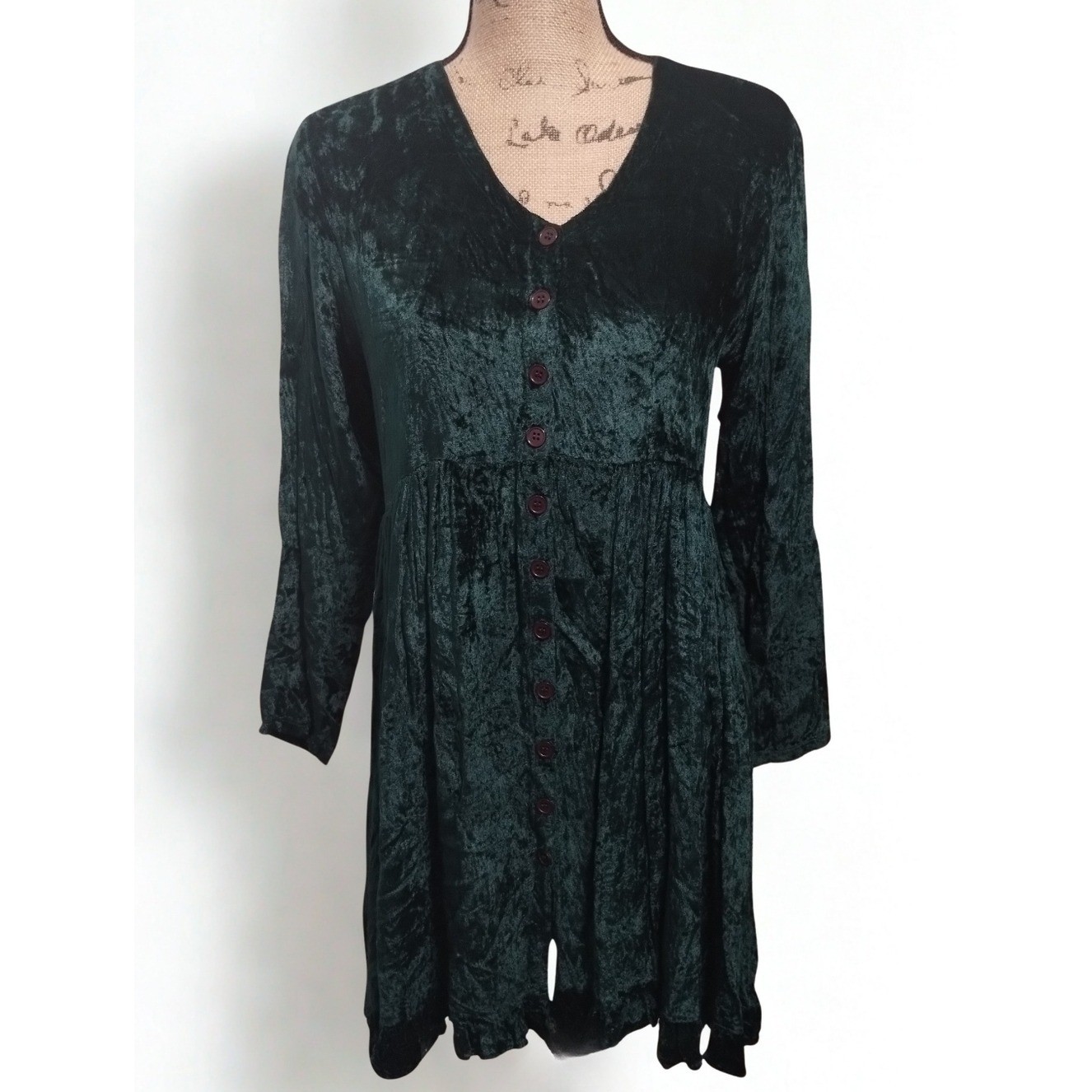 Vintage 90s Y2K Whimsy Goth Crush Velvet Dark Green Dress Women’s Size M