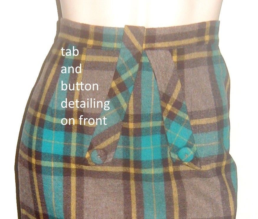 Preppy PLAID WOOL PENCIL SKIRT Teal cocoa golden 24W Vintage 1950s Wiggle TAB