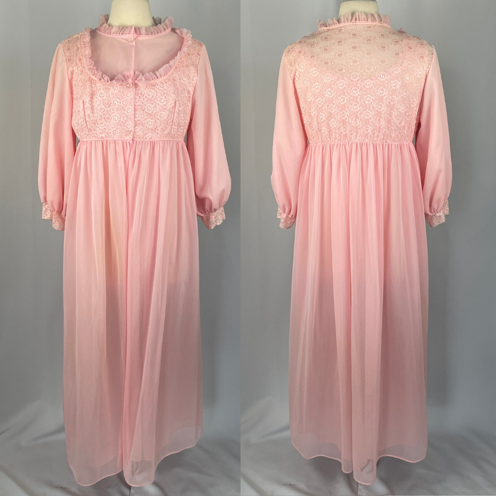 Vintage 70s Peignoir Set Large Pink Sheer Chiffon Lace Lingerie Babydoll 2 Piece
