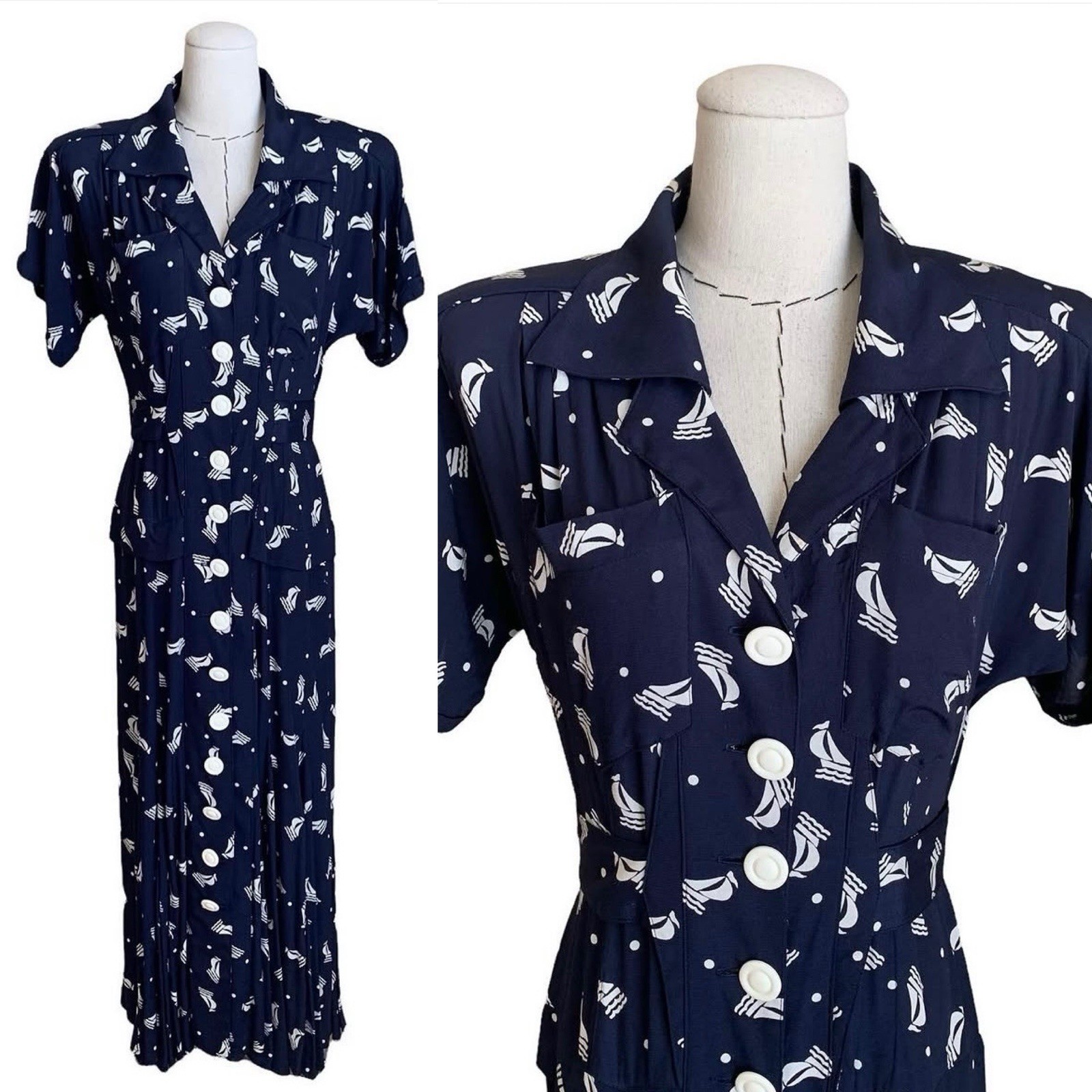 Vintage 80s Karen Alexander Sailboat Print Button-Front Dress 40s Style sz Small