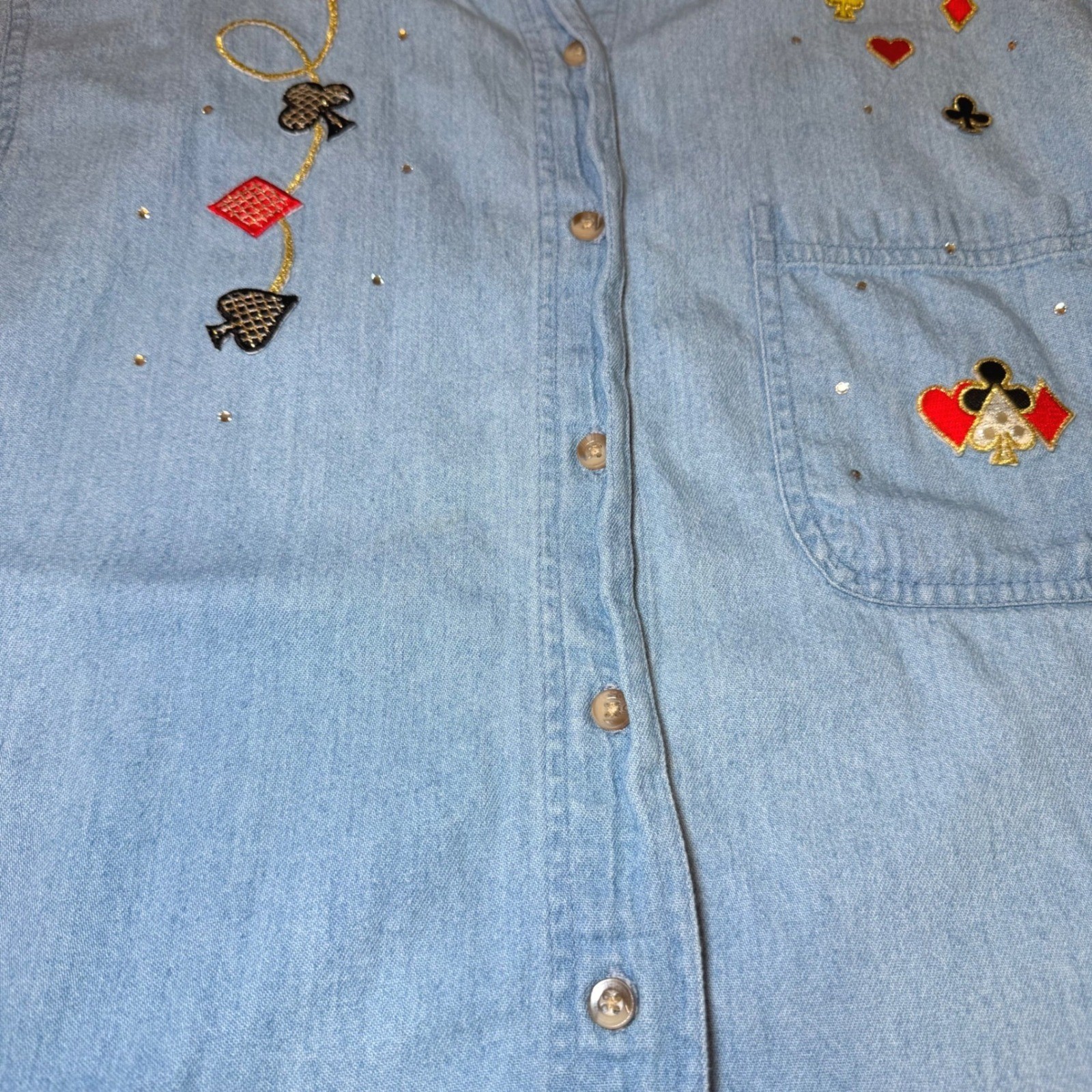 Vintage ⁠Las Olas Womens Size XL Denim Shirt Blue Embroidered Casino Card Dice