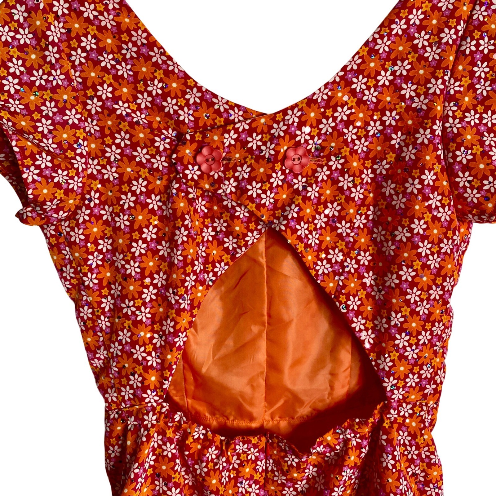 Vintage 60s Mod Daisy Floral Mini Dress Cutout Flower Power GoGo Party Sequin S