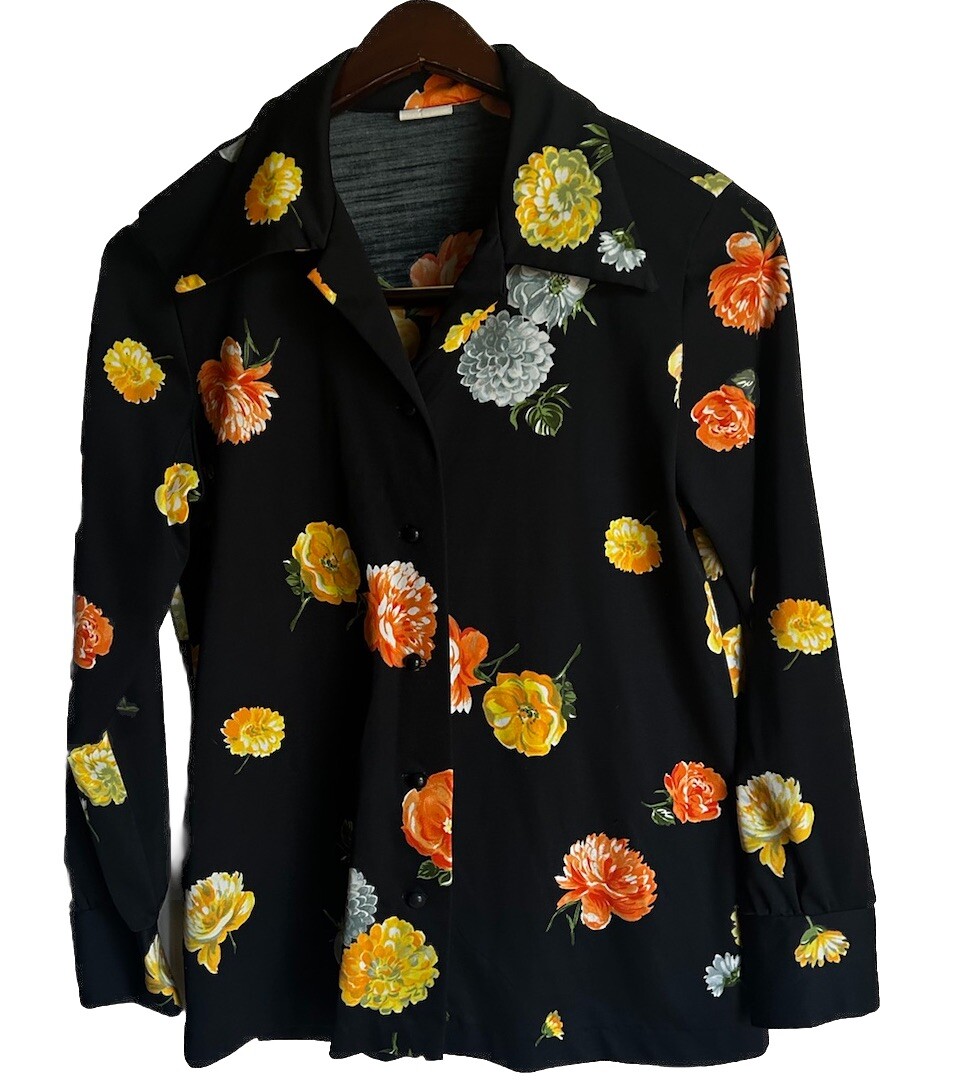Method Vintage Flower Power Retro Funky Blouse Black Floral M/L Long Sleeve