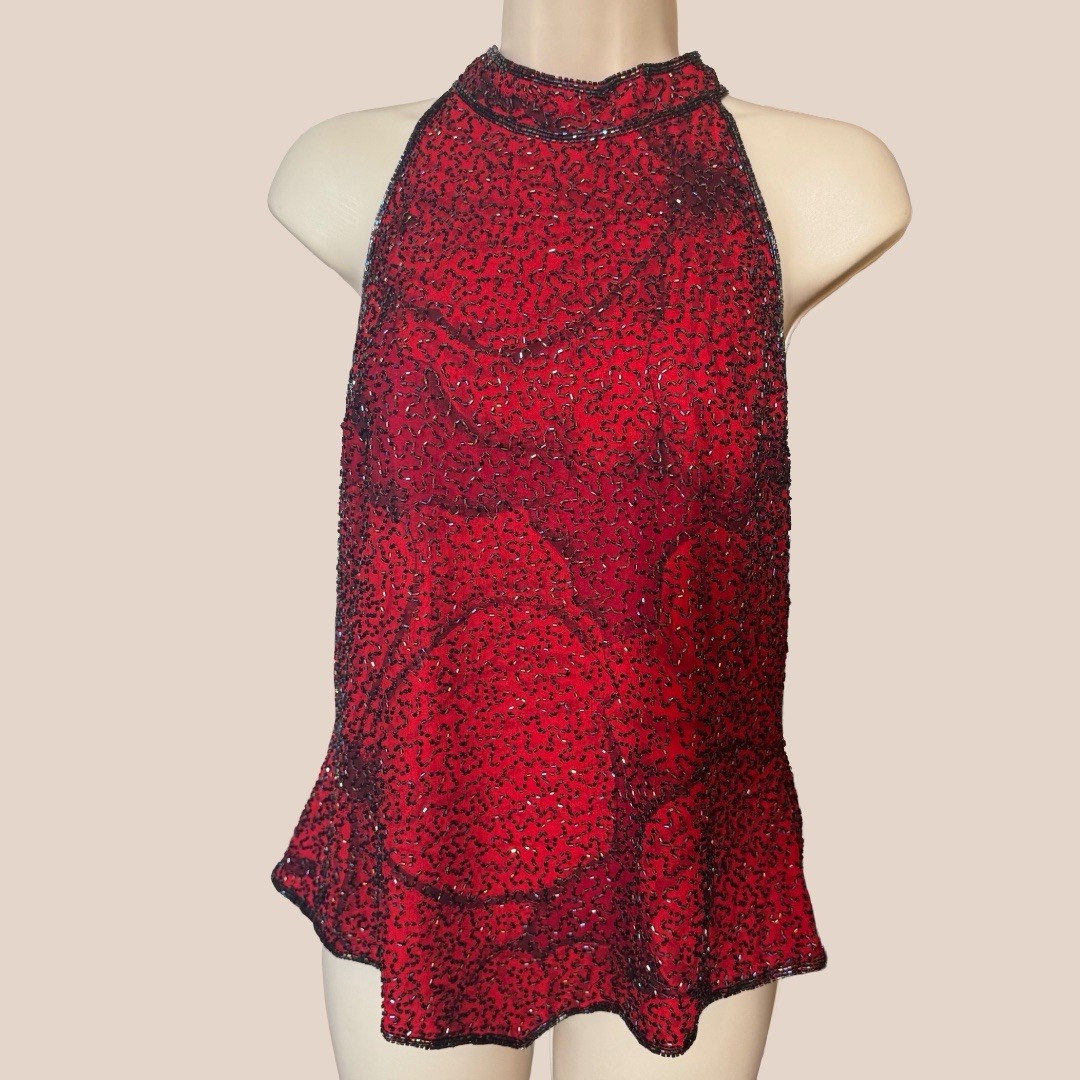 Vintage 90s Andretta Donatello Red Hand Beaded 100% Silk Size M Whimsigoth Glam