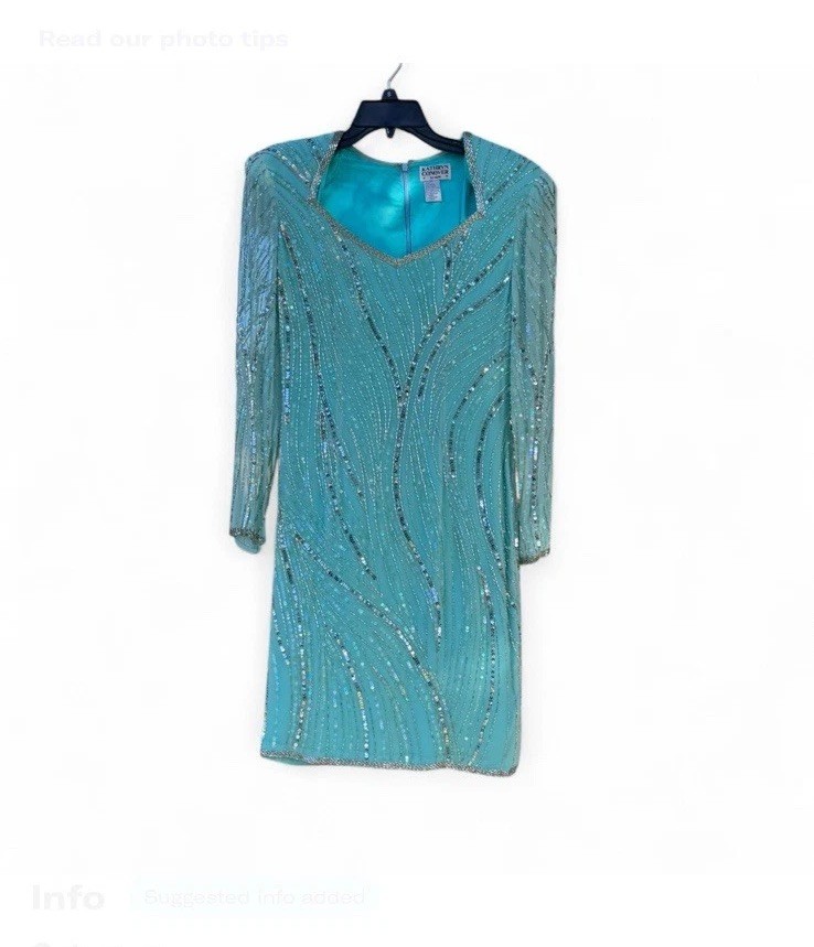 Vintage Kathryn Conover by Night Silk Sequin Beaded Dress Turquoise 80s Glam