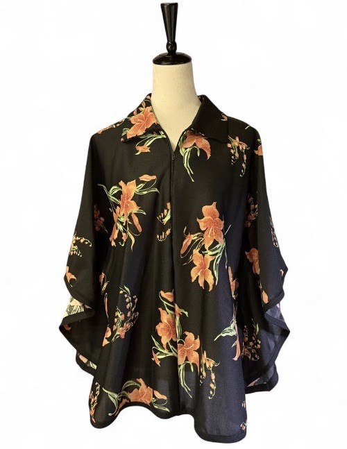 Vintage 70s Floral Smock Top OSFM Half Zip Polyester Black Orange Festival Mod