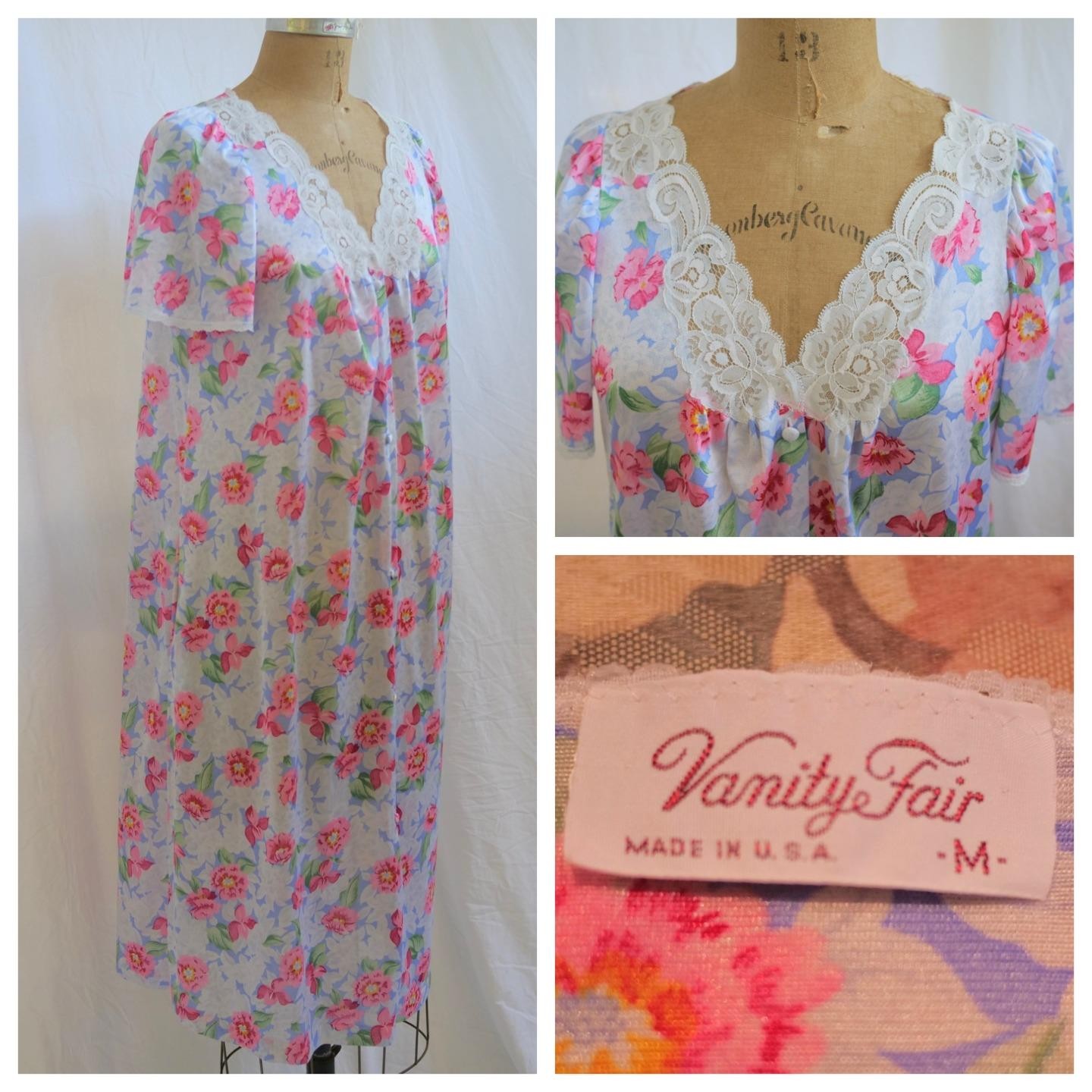 vtg 70s VANITY FAIR Romantic Floral Button Front Tricot Nylon Robe USA M Lace