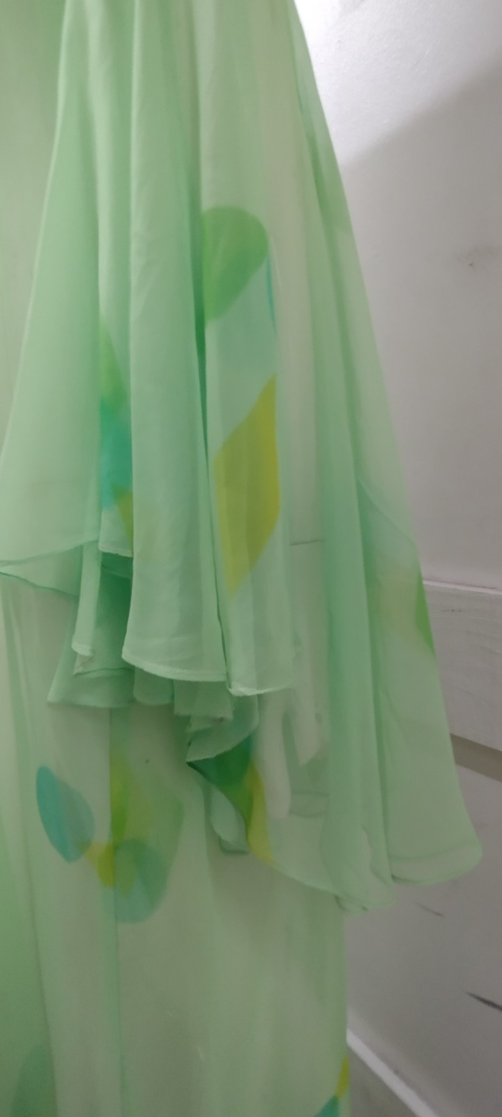 Vintage Psychedelic Jade Green Silk Chiffon Wide Bell Sleeves Maxi Gown Sheer L
