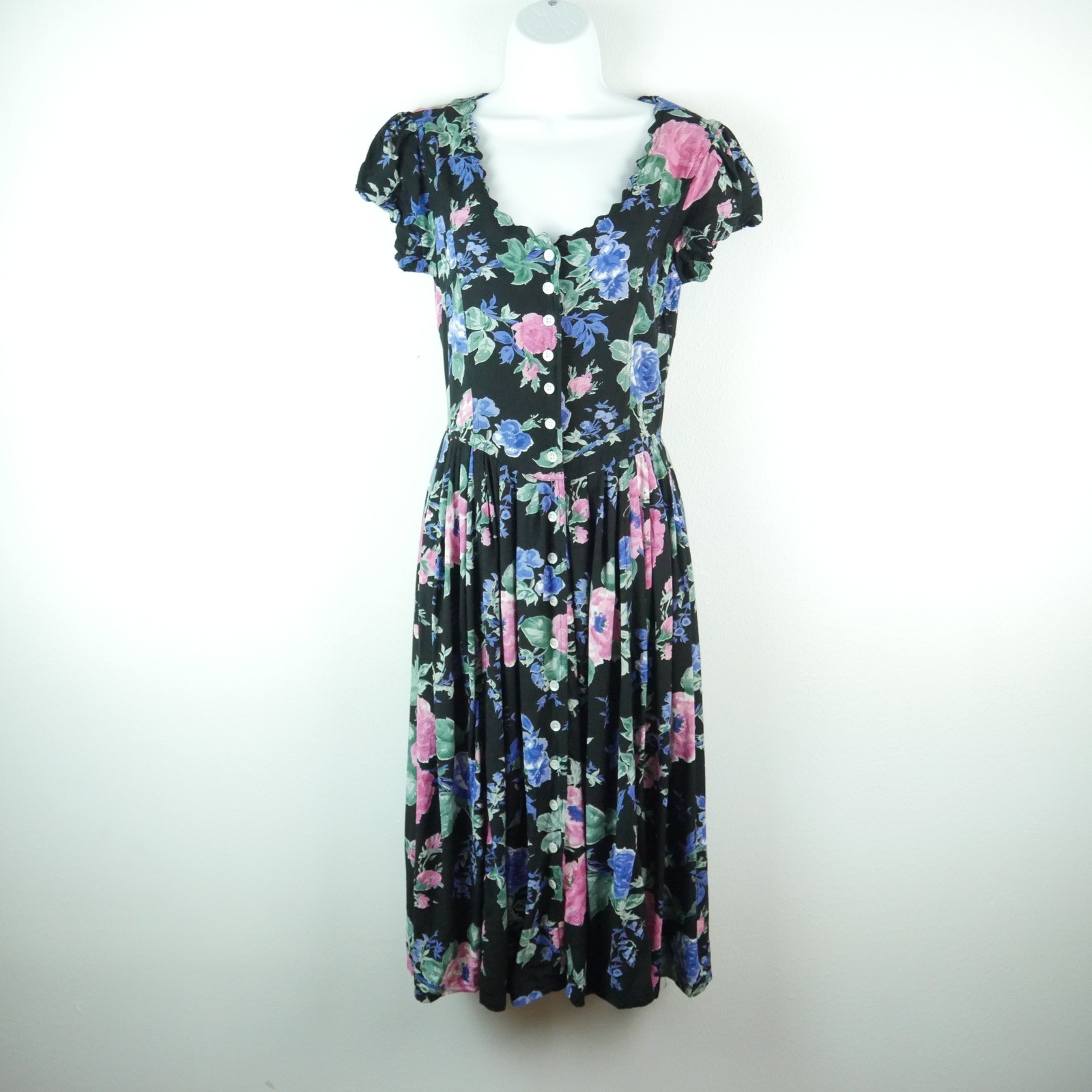 Vintage 80s Garden Party Floral Midi Dress Tie Waist Cottagecore Small 8 Tea