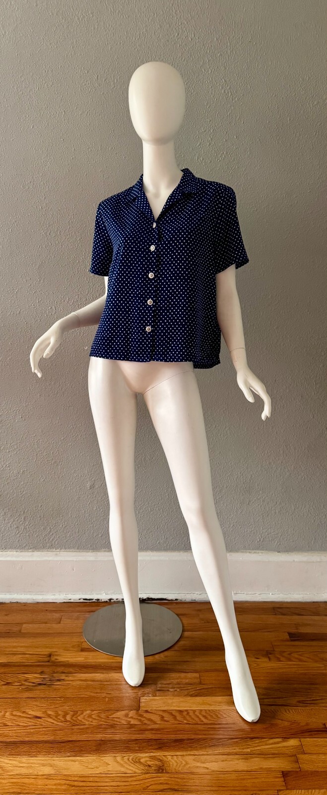 Vintage 80s Navy Blue Polka Dot Nautical Boxy Button Top Blouse M