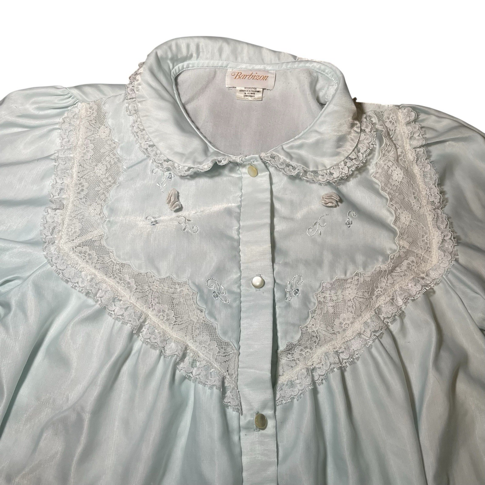 Vintage Barbizon Light Blue Lace Sleep Shirt Button Front Small Nylon Blend