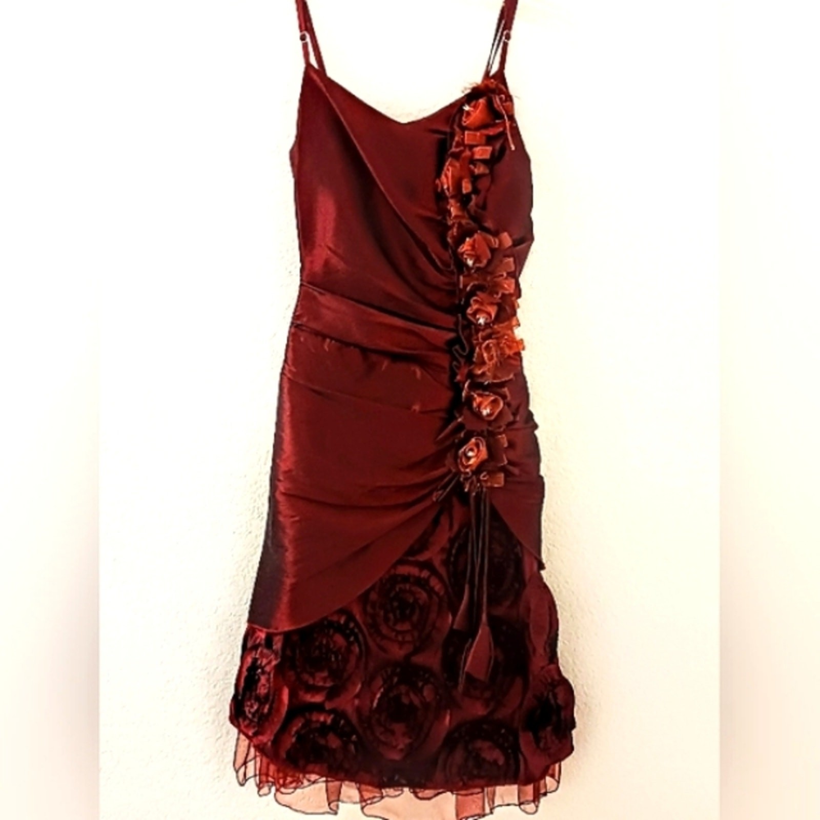 Red Satin Formal Dress 3D Roses Gown XS Burgundy Red Wedding Prom Evening Party