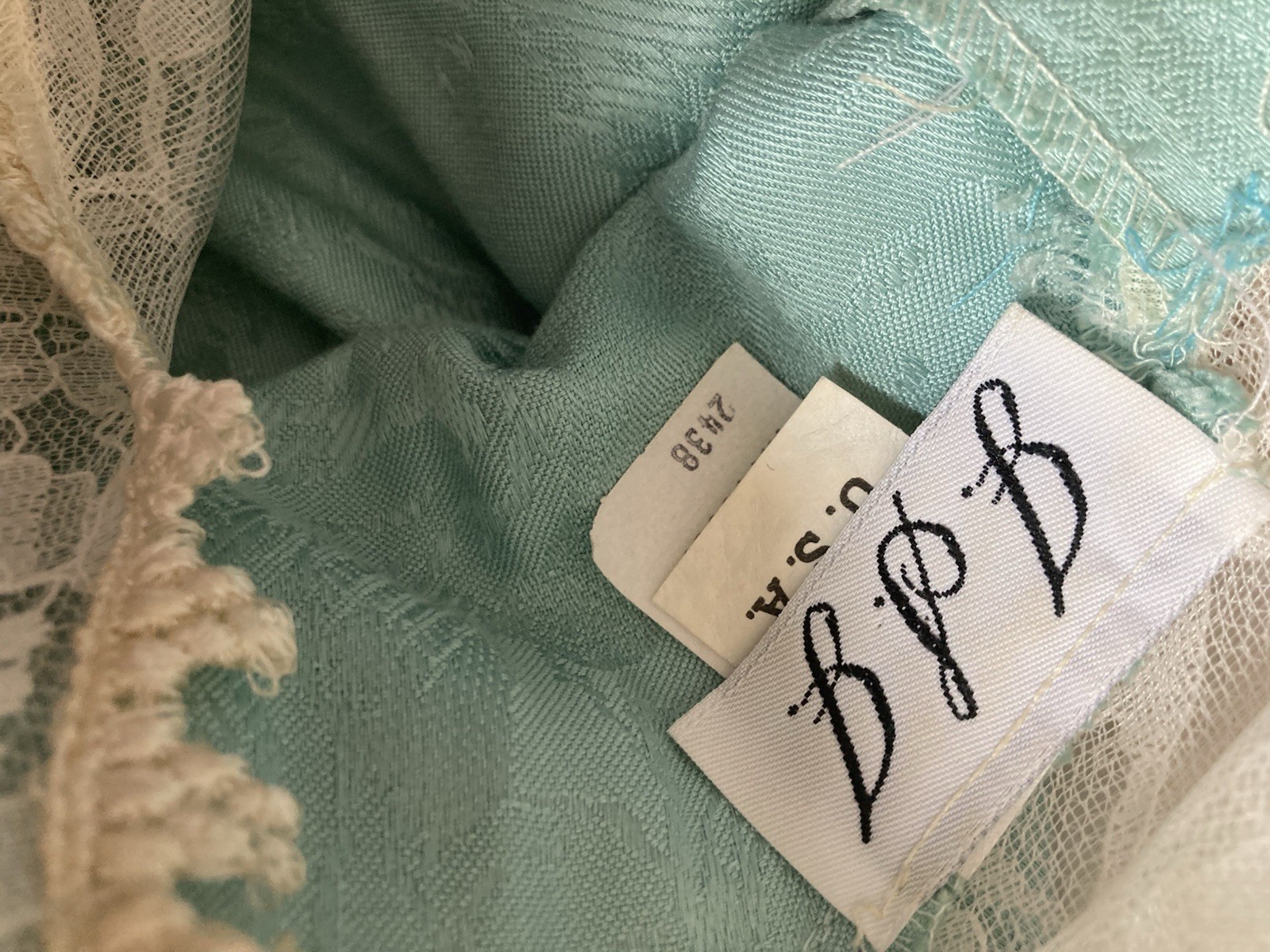 JSJ Vintage Aqua Jacquard/Brocade Dress With Lace & Pearls Size 7/8 Made In USA