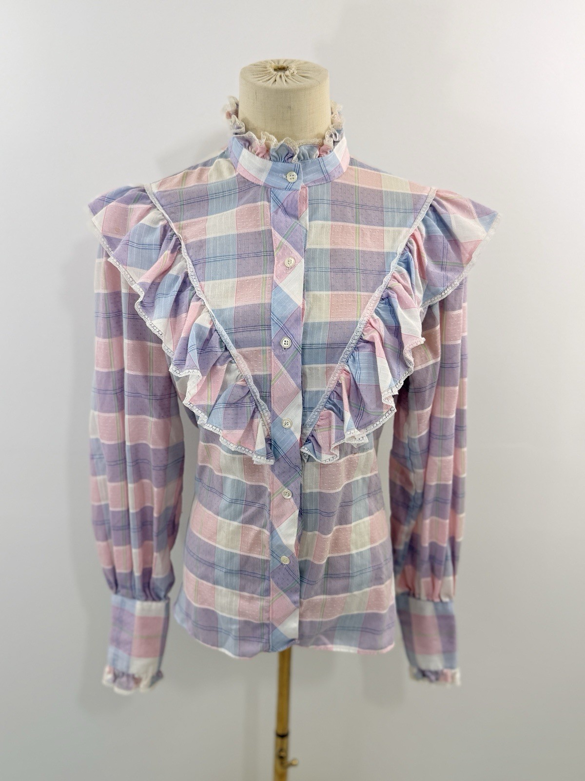 VTG Karman Womens Ruffle Front Plaid Pink Western Prairie Button Up Shirt USA