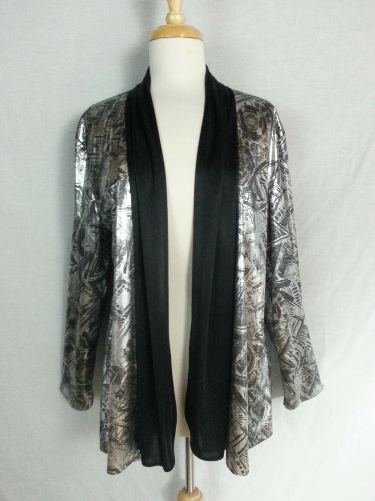 Vtg 80s Lori of CA Jacket Open Cardigan Black Silver Metallic Disco USA 14 L+