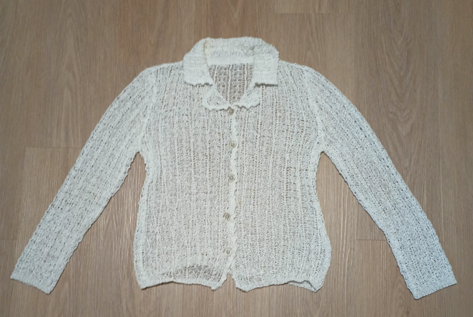 Vtg 70s Sheer Stretchy Knit Draped White Cardigan Jacket Top M