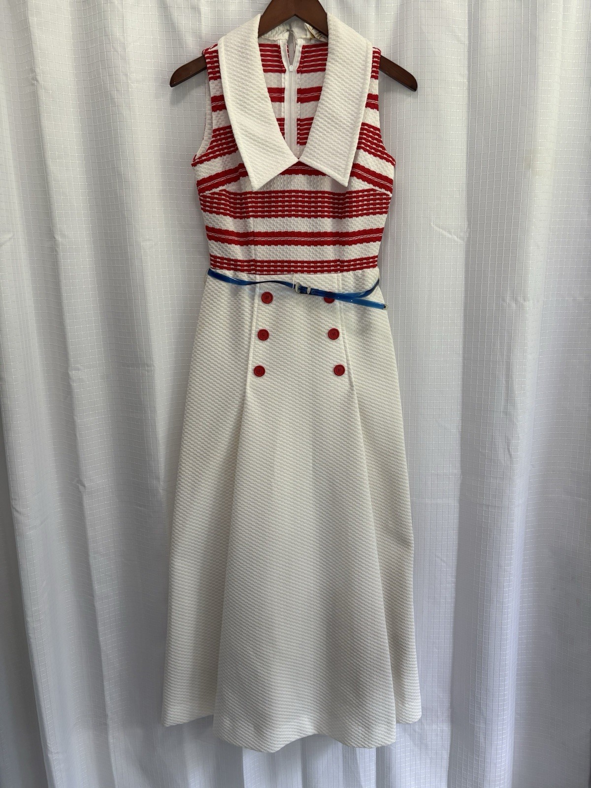 1970s Plu Maxi Dress Sailor Collared White Red Waffle Knit Women’s Size S/M VTG