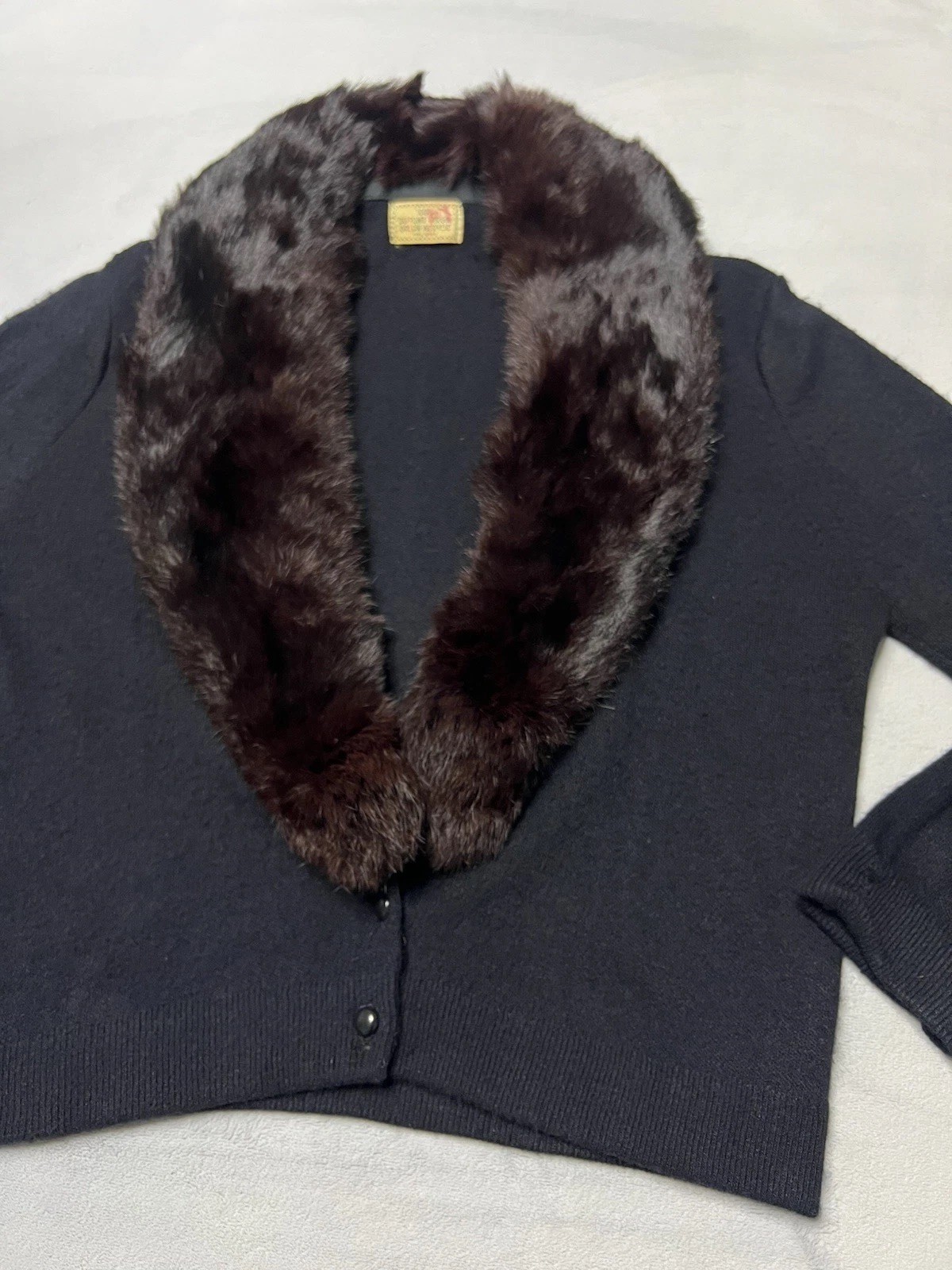 Vtg 50’s Du Pont Orlon Black Cardigan REAL MINK FUR Shawl Collar Sweater S/M