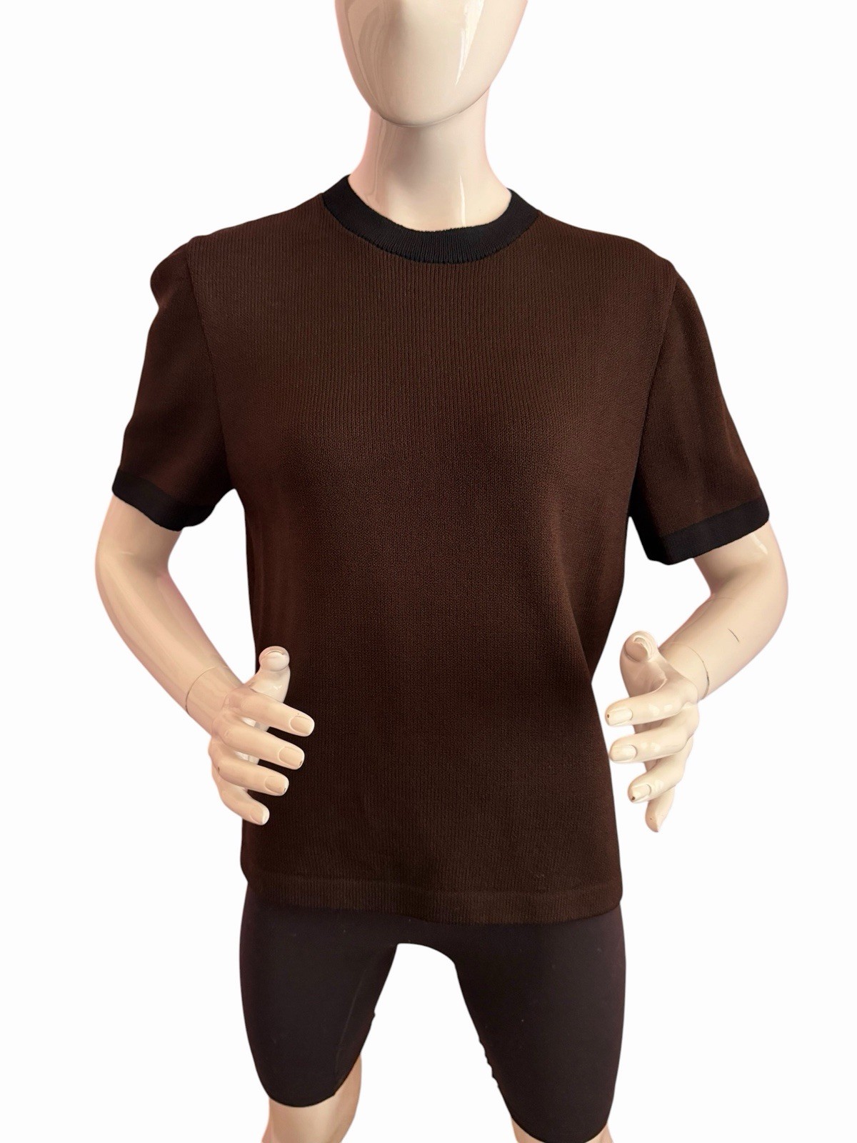 VTG St John Santana Knit Top Mock Neck Pullover LARGE Short Sleeve Brown Black