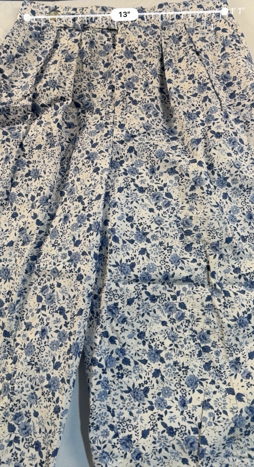 Vintage Neilsons Blue White Floral Pleated Cotton Pants Trousers Size 12 USA