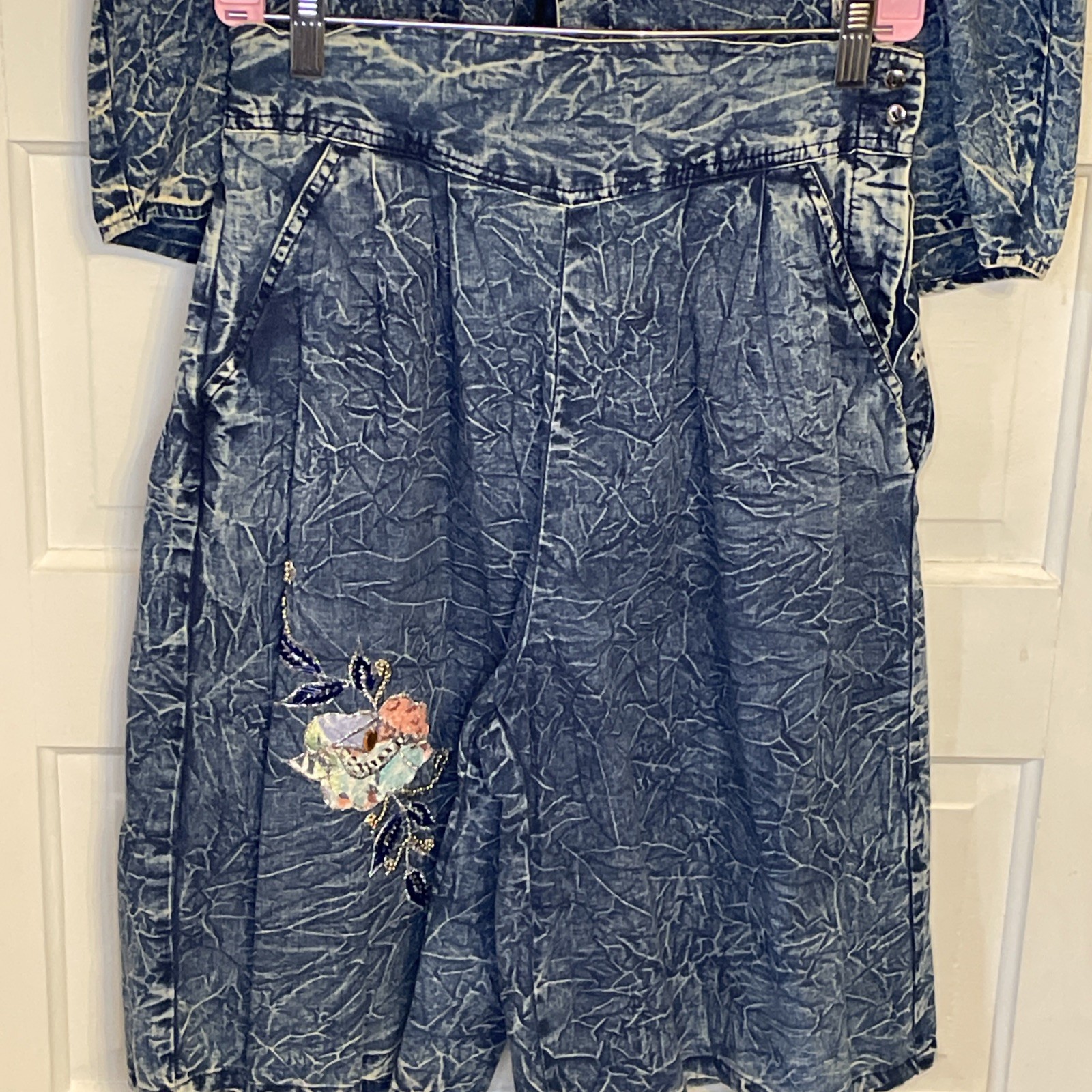 Vintage Acid Wash Denim Outfit Intricate Beaded Floral Embroidery 80s 90s Large