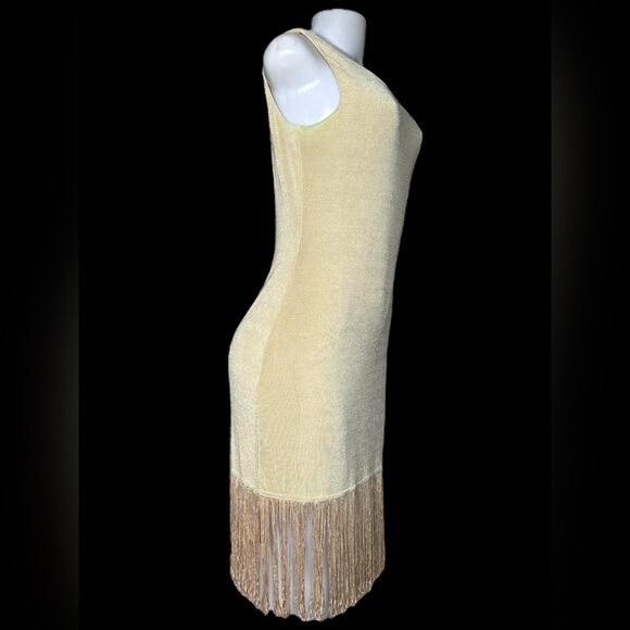 VTG 80s TOGETHER! Metallic Gold Bodycon Flapper Fringe Dress M USA Nylon Spandex