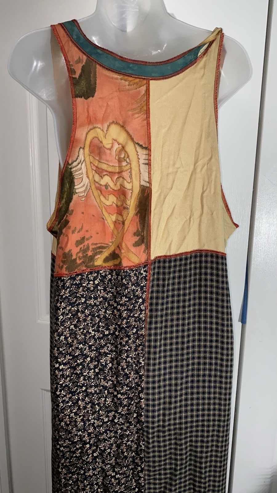 Vintage FAITH 90’s Boho Patchwork Sleeveless Dress L Rayon Art To Wear Maxi AA21