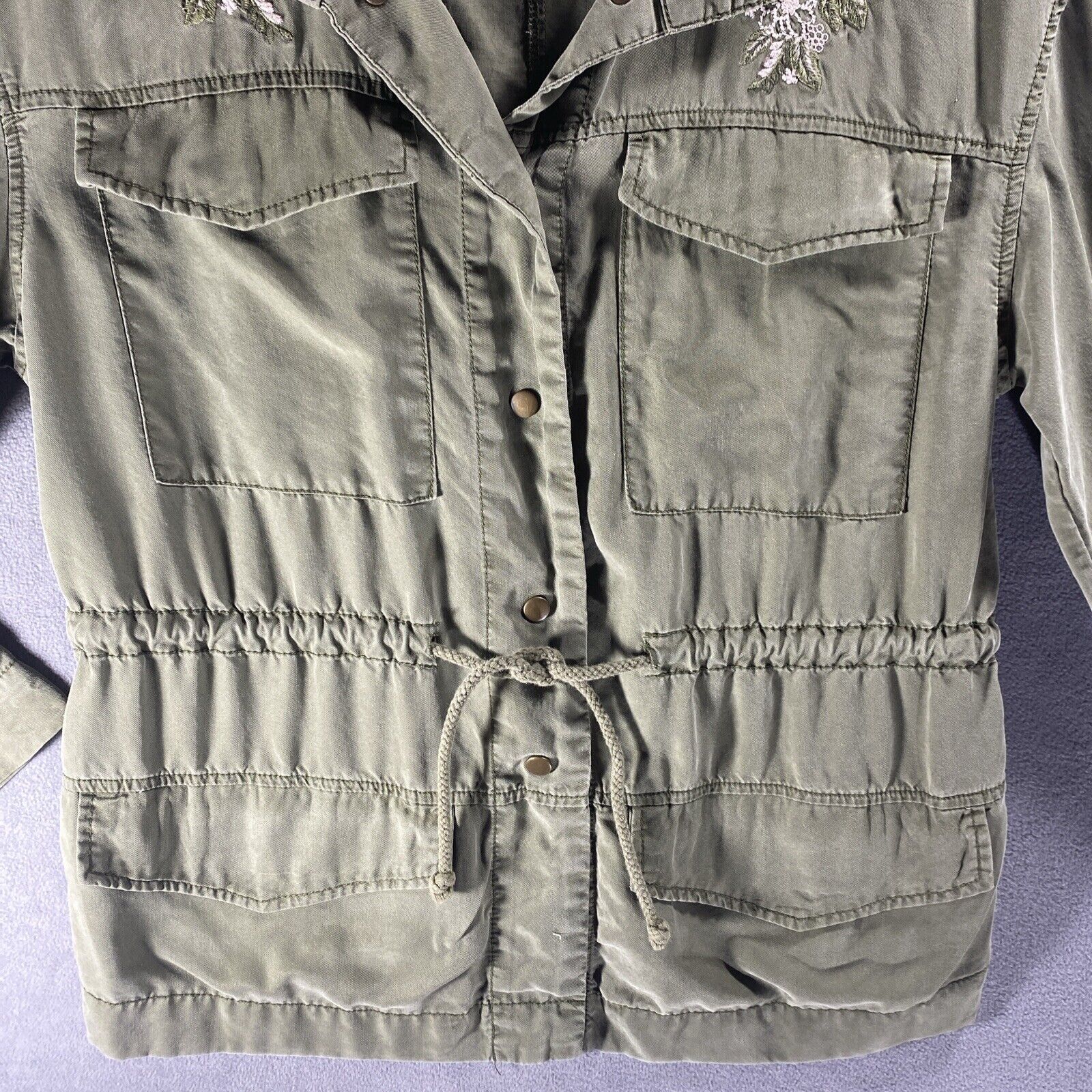 VTG Y2K Women’s Utility Cargo Jacket Medium Army Green Cinched Waist Embroidered