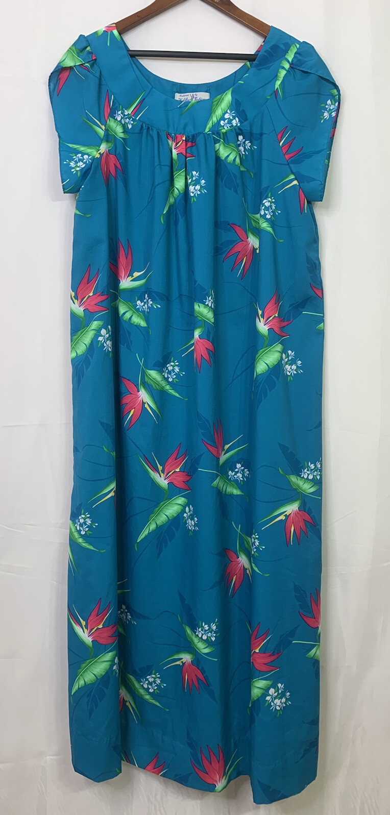 Hukilau Fashions Size 20 Hawaiian Poly Dress Teal Green Floral Caftan Kaftan