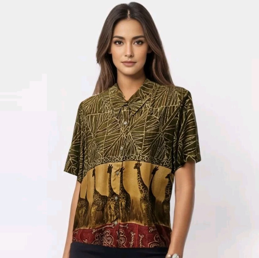 Vintage Caribou 80s Olive Multi African Safari Button Down Size Large